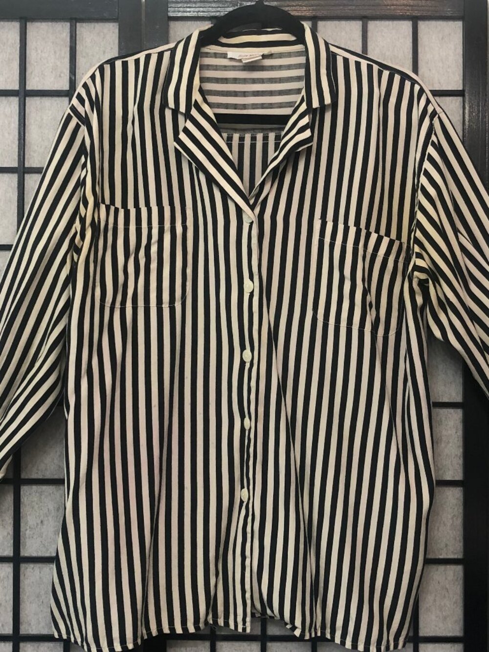 Vintage Ellen Ashley 100% Silk Blouse XL Black White Striped Pockets Button
